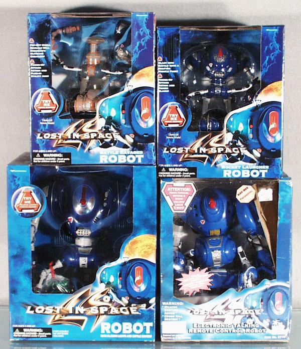 10 LOST IN SPACE ROBOTS: 8 by Trendmasters, plastic, battery operated, 6 different models; 2 by Toy Island, both the same, plastic battery operated, all are untested, all orig boxes have minor wear, some duplicate robots not