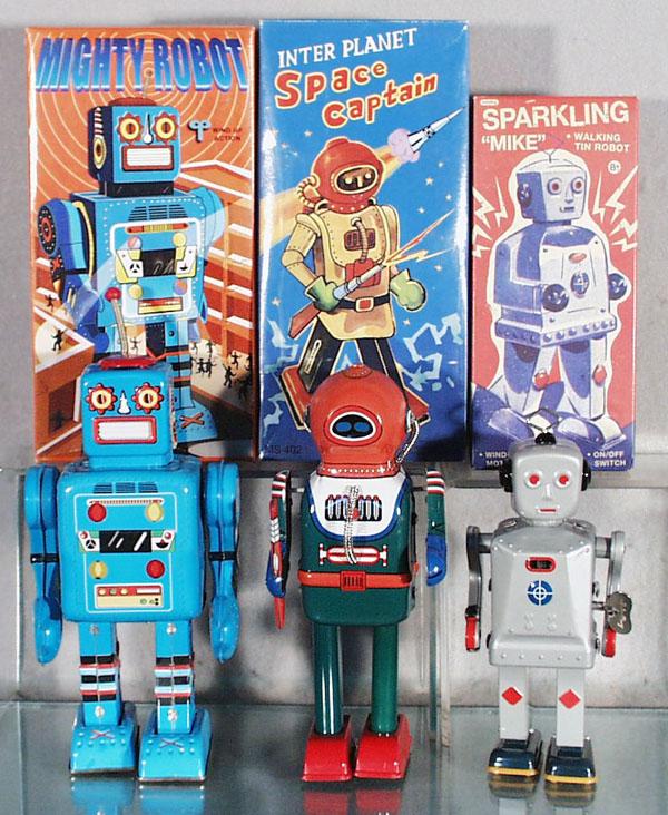 3 CONTEMPORARY ROBOTS: China, litho tin, Sparkling Mike, 7 1/2" tall, Space Captain, 8 1/2" tall, Mighty Robot, 10" tall, all are windup working, orig boxes, C9.