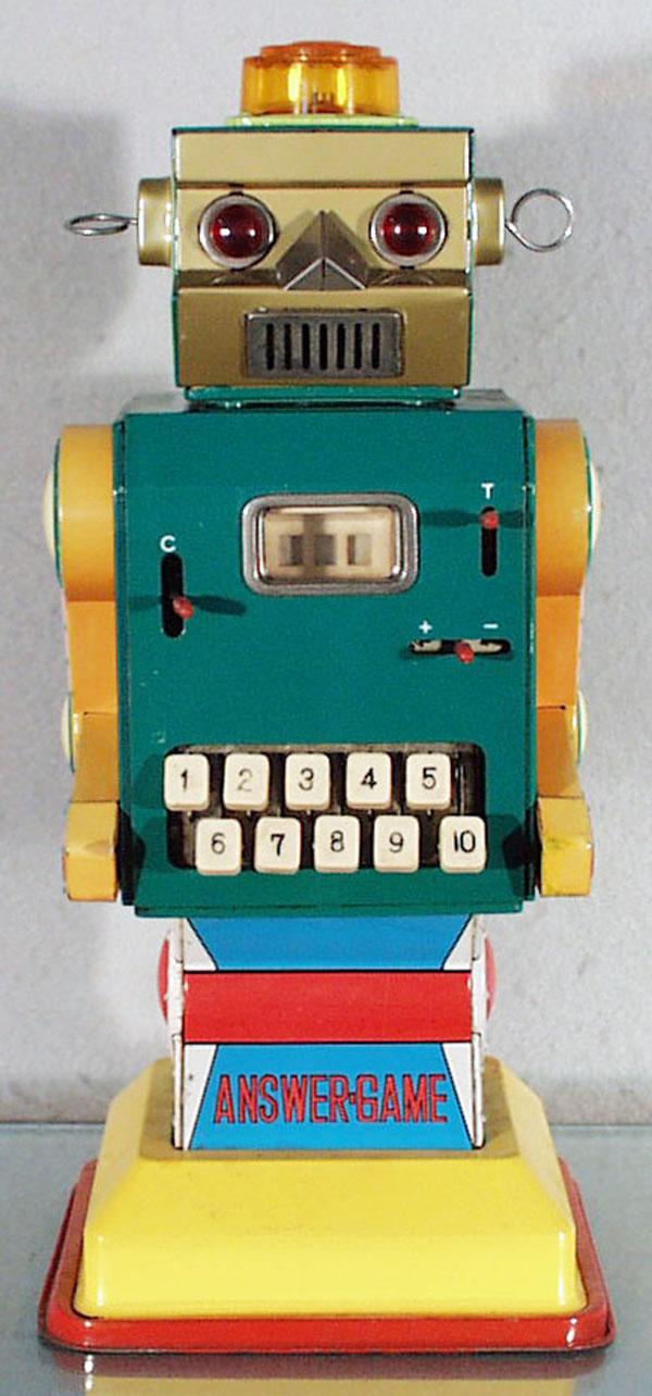 AMICO ANSWER GAME ROBOT: litho tin, w/calculator, 14 1/2" tall, C6-7.