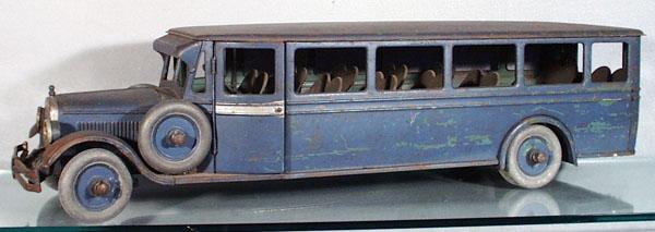 BUDDY L 208 COACH BUS: complete, some small dents, 29 1/4" long, old repaint, C5.