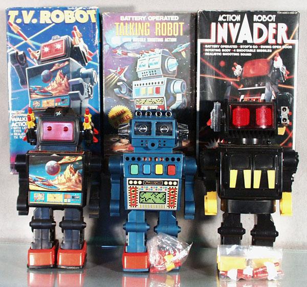 3 TOY ROBOTS: Hong Kong, plastic, battery operated, working, TV Robot, 11" tall, orig box worn, Talking Robot, some oxidation on connectors in battery box, 11" tall, orig box minor wear, Invader, 12" tall, orig box