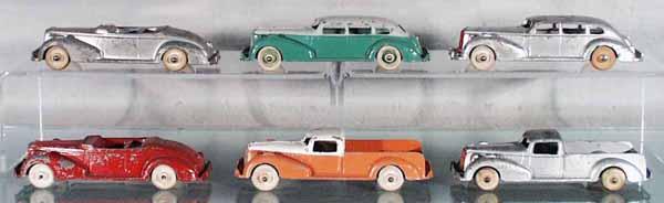 6 HUBLEY PACKARDS: die cast w/litho tin chassis, 1 has rust, 5 1/2" long, C2-4.