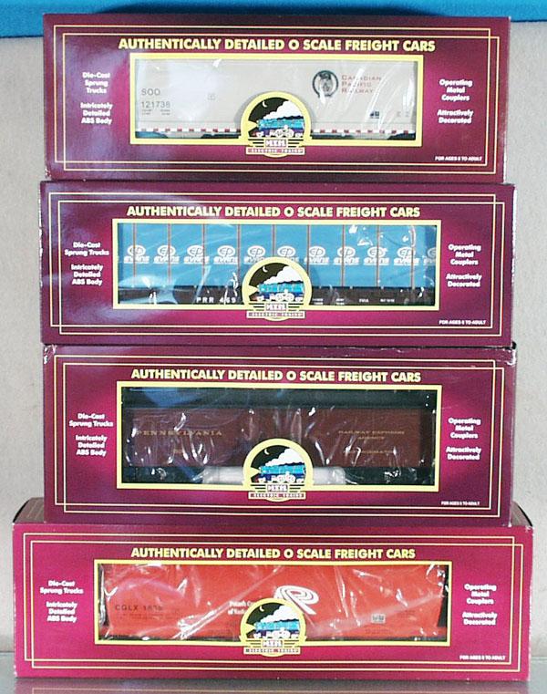 4 MTH FREIGHT CARS: O ga, 94117 reefer, 98131 lumber flat, 97579 hopper, 97474 hopper, orig boxes, C9.