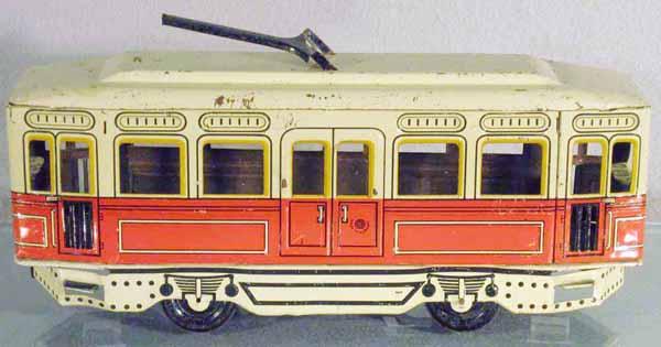 GUNTHERMANN TROLLEY: litho tin, clockwork working, 12" long, trolley pole end broken, C5-6.