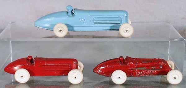 3 LINCOLN WHITE METAL RACERS: slush die cast, blue Miller racer, 5" long, red Miller racer, 4" long, red Indy racer, 4" long, C4-8.
