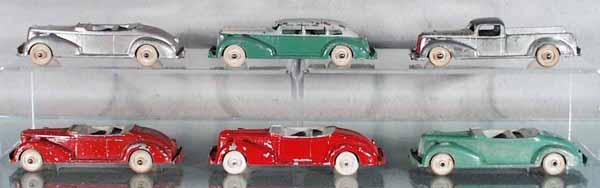 6 HUBLEY PACKARDS: die cast, litho tin chassis, 5 1/2" long, 1 has plain chassis, C2-4.