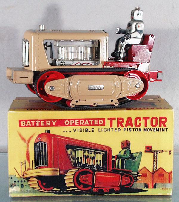 TN ROBOT TRACTOR: Japan, litho tin, battery operated, working, 10" long, repro treads, w/reproduction box, C8-9.