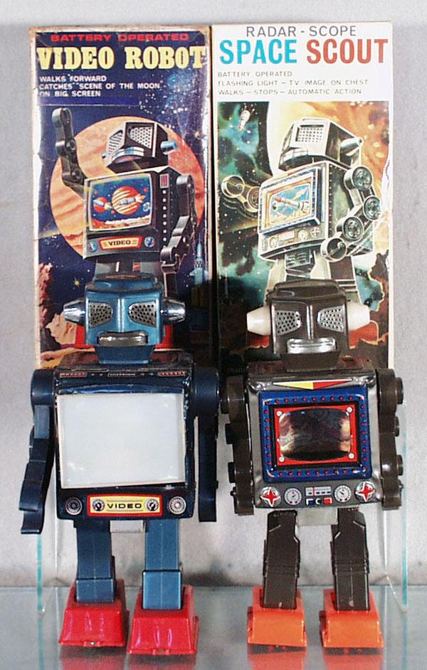 2 SH of JAPAN ROBOTS: litho tin & plastic, battery operated, working, 9" tall, Space Scout & Video Robot, C7-8.