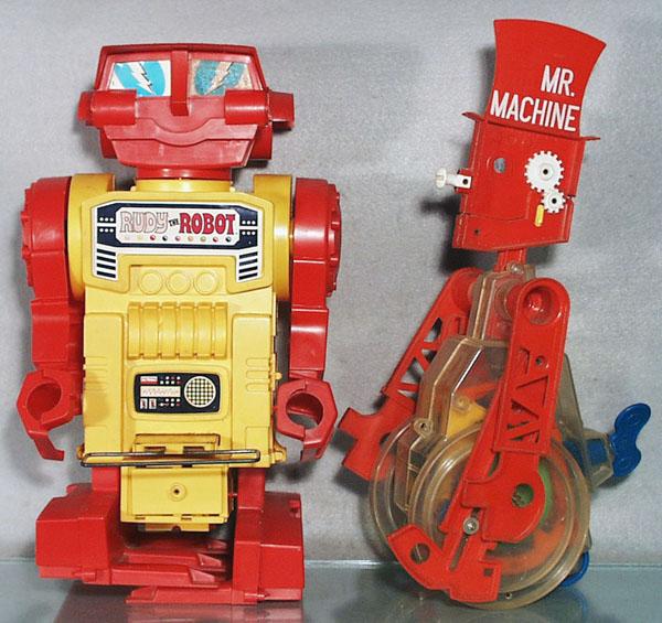 2 PLASTIC ROBOTS: Remco Rudy the Robot, battery operated, partially working, 16" tall, Ideal Mr. Machine, windup working, 17" tall, C7.