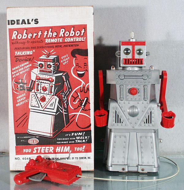 IDEAL ROBERT THE ROBOT: plastic, 2nd version, w/remote control, battery operated, 14" tall, no voice or instructions, orig box worn & has hole on 1 side, C7-8.