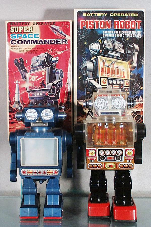 2 SH of JAPAN ROBOTS: plastic, battery operated, working, Super Space Commander, 9 1/2" tall, Piston Robot, 11 1/4" tall, orig boxes, C8.