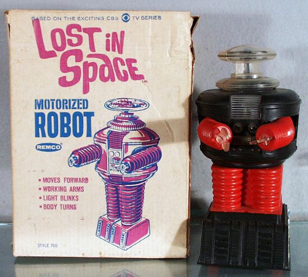 REMCO LOST IN SPACE ROBOT: plastic, red & black, battery operated working, missing battery retainer strip, missing 1 tab on clear plastic head unit, w/instruction sheet, orig box minor wear, C7.