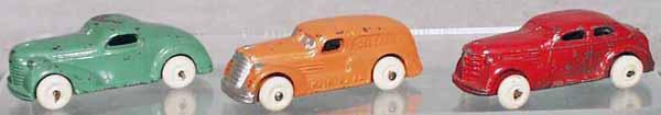 3 BARCLAY VEHICLES: slush die cast, green Coupe, orange Delivry Van, red Sedan, all are 3" long, C4-5.
