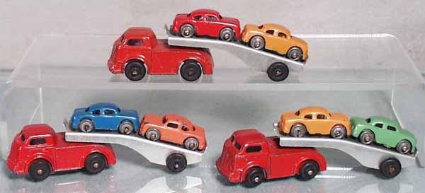3 BARCLAY AUTO TRANSPORTERS: die cast, all are 4 1/2" long, w/6 autos, C6-7.