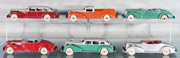 6 HUBLEY PACKARDS: die cast w/plain tin chassis, 5 1/2" long, C2-4.