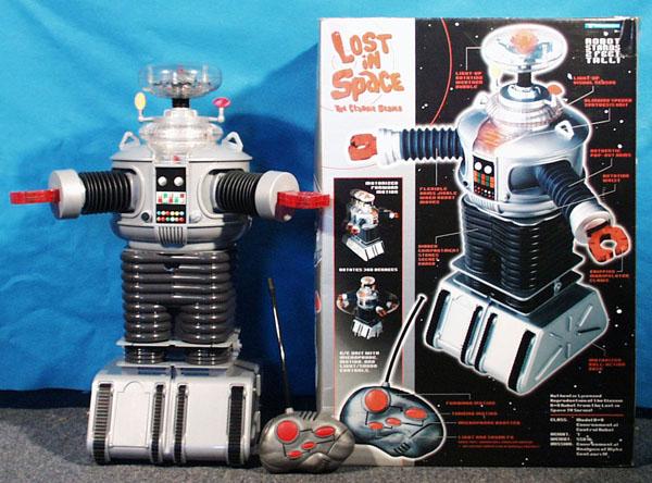 TRENDMASTERS LOST IN SPACE ROBOT: plastic, battery operated, 24" tall, w/remote control, orig box minor wear, C7-8.