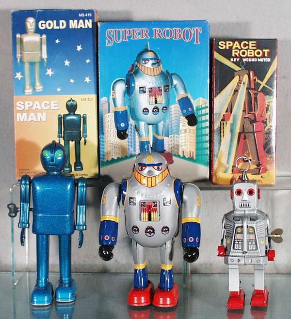 3 CONTEMPORARY ROBOTS: China, litho tin, windups working, 8" to 8 3/4" tall, orig boxes, C9.