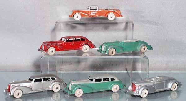 6 HUBLEY PACKARDS: die cast w/litho tin chassis, 2 have rust spots, 5 1/2" long, C2-4.