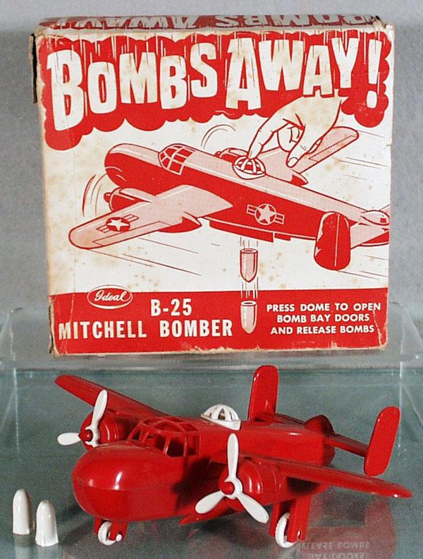 IDEAL B52 MITCHELL BOMBER: plastic, red, w/working bomb bay doors & 2 bombs, orig box worn, C8-9.