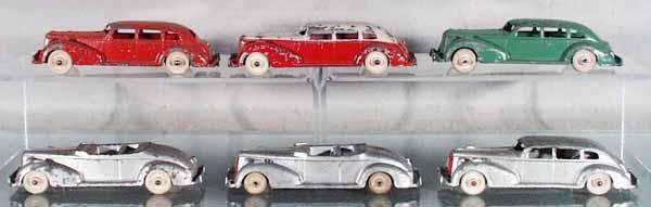 6 HUBLEY PACKARDS: die cast w/litho tin chassis, 5 1/2" long, C2-4.