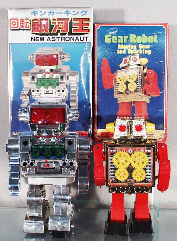 2 SH of JAPAN ROBOTS: plastic, New Astronaut, 9" tall, battery operated, Gear Robot, 8 1/4" tall, clockwork working, orig boxes minor wear, C8-9.