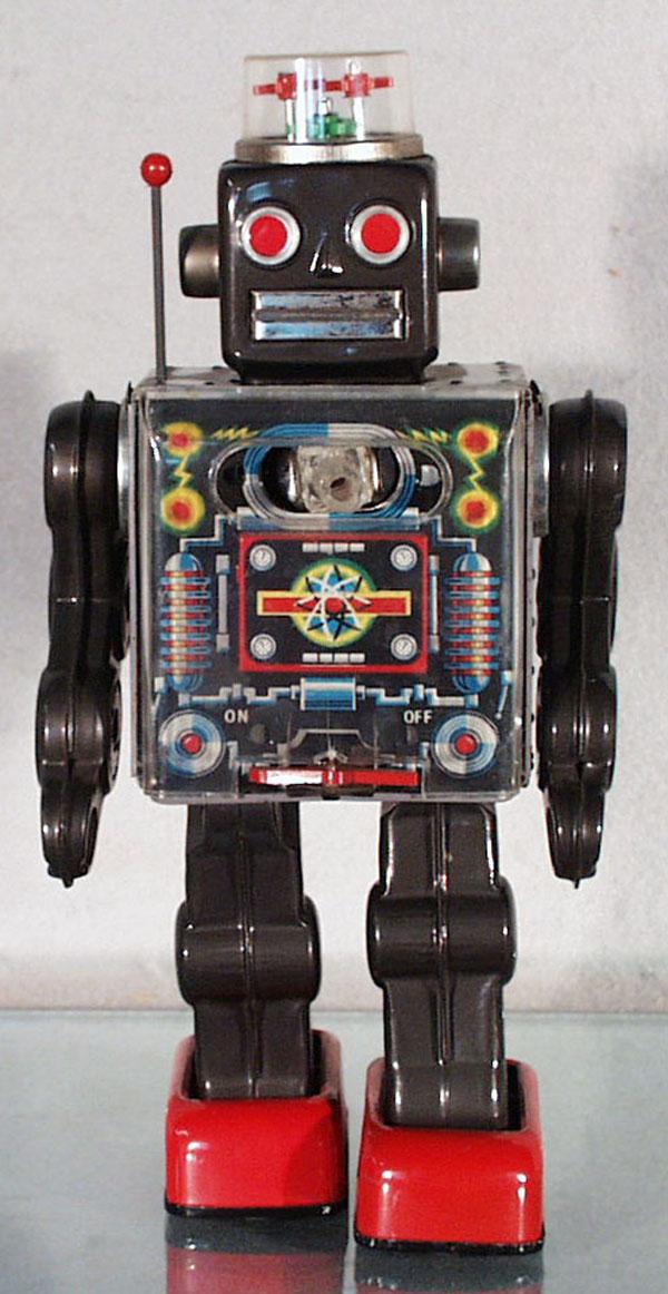 SK of JAPAN SPACE ROBOT: litho tin & plastic, battery operated, not working, window has small crack, 1 antenna missing, 11" tall, C7-8.