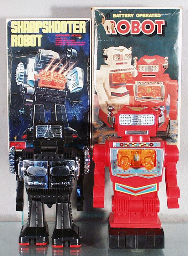 2 SH of JAPAN ROBOTS: plastic, Sharpshooter Robot, 9" tall, battery operated, working, Robot, 10" tall, battery operated, not working, orig boxes some wear, C7-8.