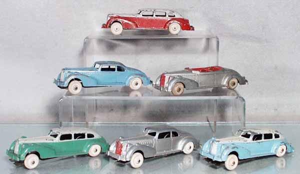 6 HUBLEY PACKARDS: die cast w/litho tin chassis, 5 have 1 loose chassis rivet, 1 has rusty chassis, 2 have die cast chips, 5 1/2" long, C2-4.