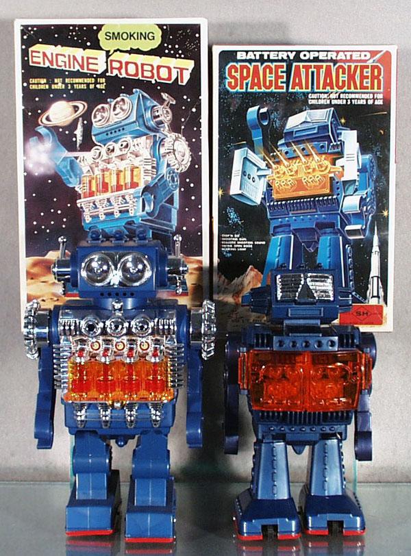 2 SH of JAPAN ROBOTS: plastic, battery operated, working, 9" & 10" tall, orig boxes, C8.