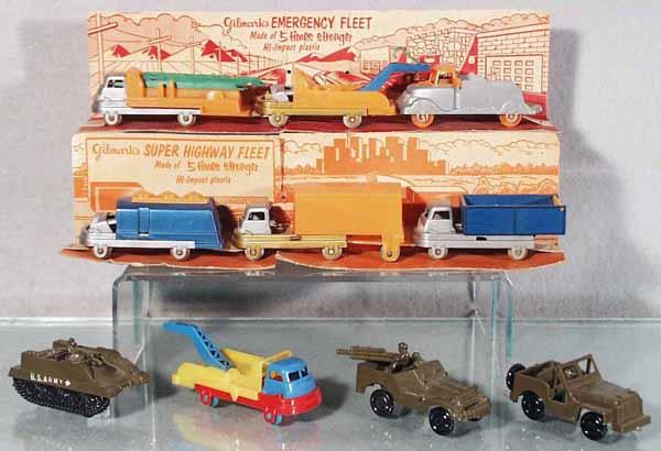 10 GILMARK VEHICLES: 3-piece Emergency Fleet, 3-piece Super Highway Fleet, w/3 army vehicles & tow truck, 6 have tilt cabs to show motor, 3" to 4" long, C8-9.