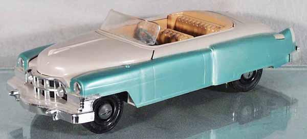 IDEAL 1950 CADILLAC CONVERTIBLE: plastic, green & gray, rubber aerial, w/4 metal tools, 13" long, C6.