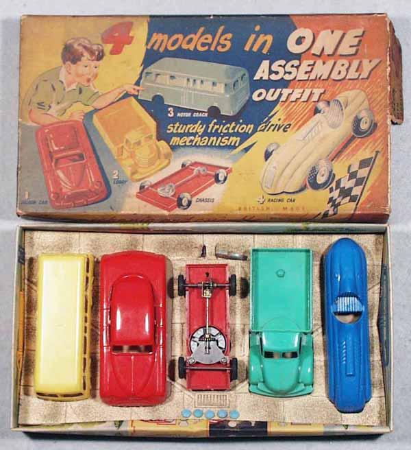 TELEX 4-CAR PLAY SET: England, plastic, 1 chassis w/4 bodies, bodies are 5" long, 1 is a 1948 Buick, friction working, orig box & insert, top worn, C7.
