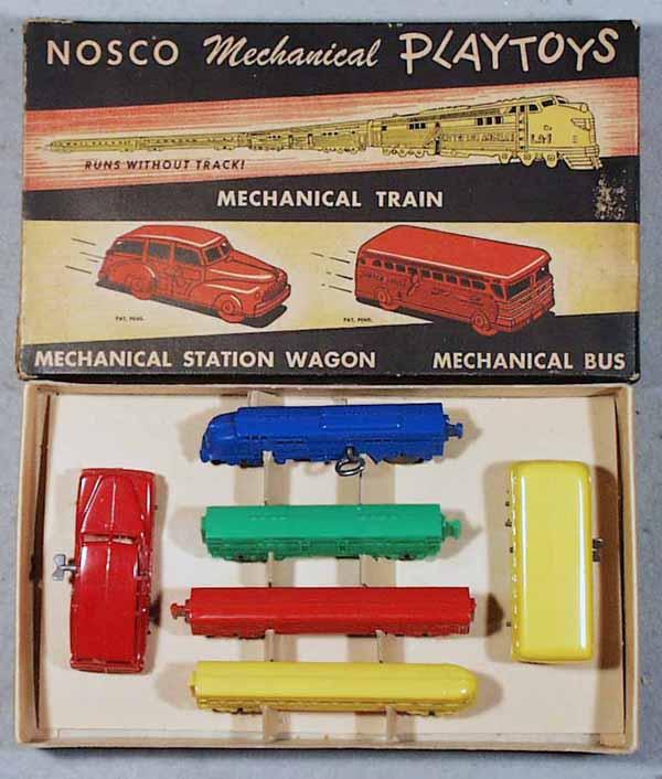 NOSCO BX6321 PLAYTOYS SET: contains 4-piece train st, bus & woody wagon, all are plastic, windup working, w/minor warp, orig box & insert minor wear, C8.