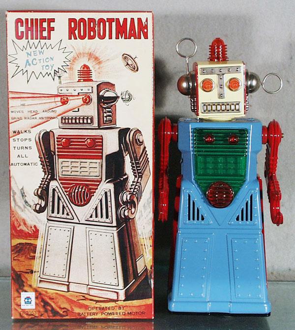 CHIEF ROBOT MAN: China, contemporary copy of vintage robot, litho tin & plastic, battery operated, working, 12" tall, orig box, C9.