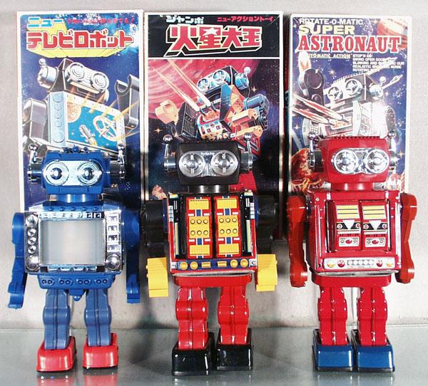 3 SH of JAPAN ROBOTS: litho tin & plastic, battery operated, working, 12" tall, orig boxes some wear, C7-9.