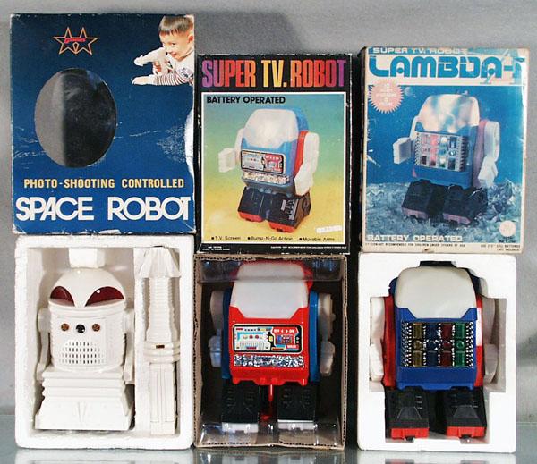 3 TOY ROBOTS: Taiwan & Hong Kong, plastic, battery operated, working, Space Robot, Super TV Robot, Lambda-1 Robot, 7" to 8" tall, orig boxes minor wear, C8.