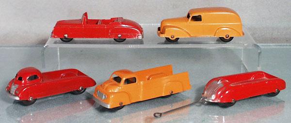 5 TOOTSIETOY AUTOS: Olds Convertible, International Van, Hudson Pick Up, Ford Pick Up, Streamlined Wagon, 4" to 5" long, C5-8.