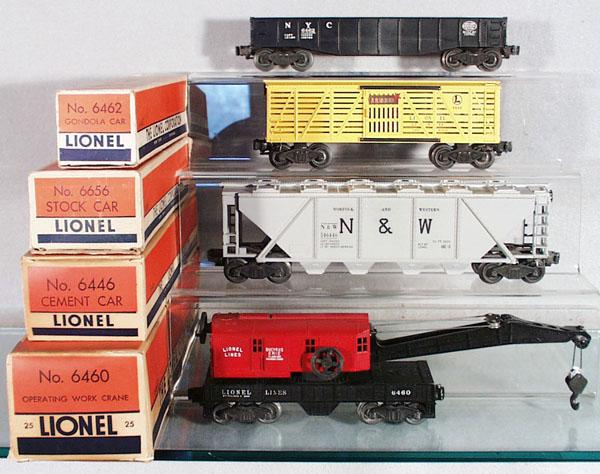 4 LIONEL FREIGHT CARS: O ga, 6462 gondola, 6656 Armour stock car, 6446 N&W cement car, 6460-25 work caboose, orig boxes minor wear, C6-8.