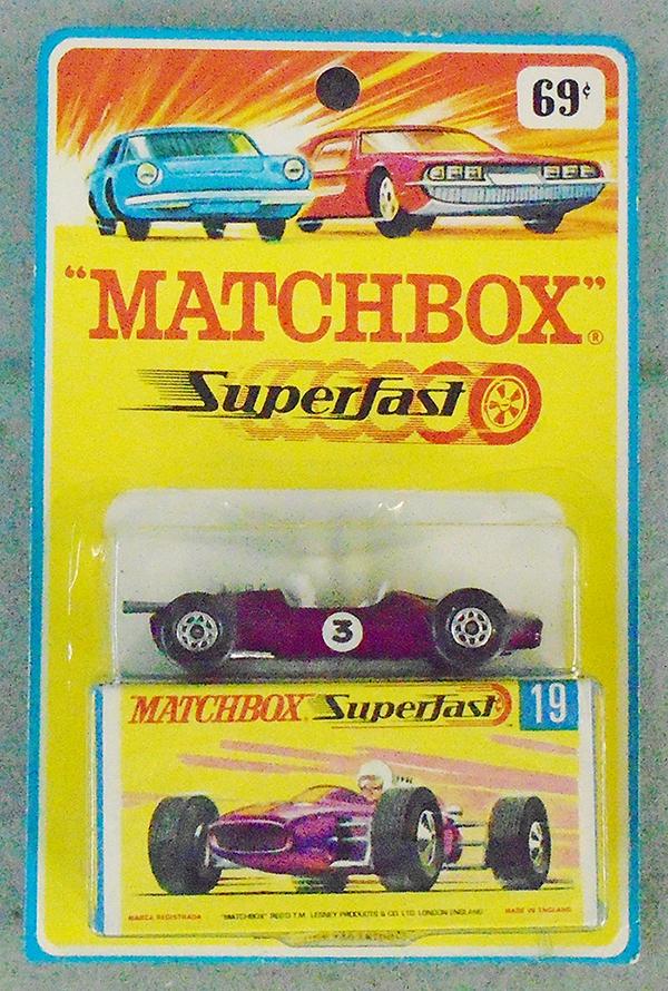 MATCHBOX SUPERFAST 19A1 LOTUS BLISTER PACK: factory sealed on orig card, minor bend to blister top, C10.