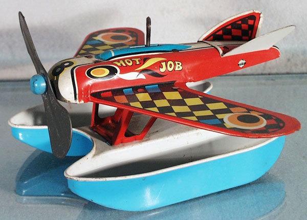 OHIO-ART HOT ROD SEAPLANE: litho tin, clockwork working, 8" long, C7-8.