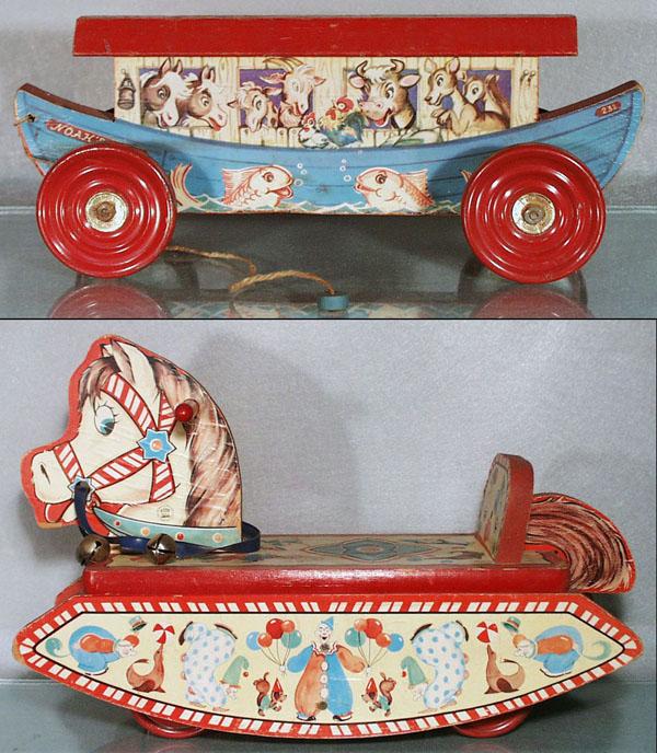 2 WOODEN PULL TOYS: both litho paper on wood, minor edge wear to paper, Gong Bell Noah's Ark, 13 1/2" long, NN Hill Ride-On Pony, 20 1/2" long, C5.
