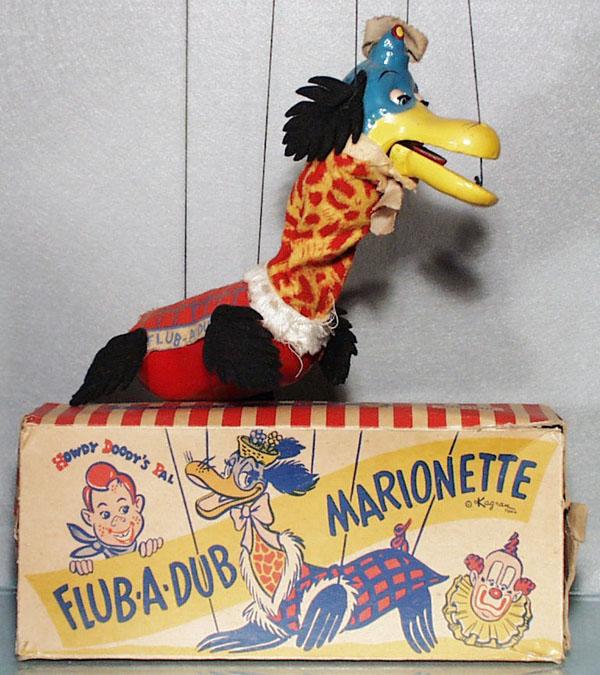FLUB-A-DUB MARIONETTE: by Peter Puppet, dressed composition, 12" long, orig box minor wear, C7-8.