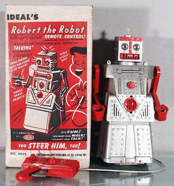 IDEAL ROBERT THE ROBOT: 1st version, 14" tall, w/2 die cast tools, remote control working, orig box, C8.