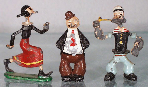 3 HOME CAST POPEYE FIGURES: Popeye, Olive Oyl & Wimpy, paint worn, 2 1/2" tall, C2-3.