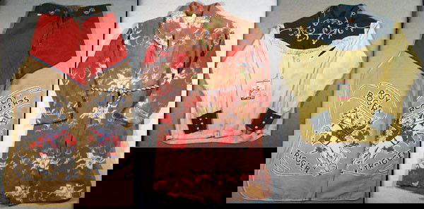 ROY ROGERS OFFICIAL CLOTHING: Rob Roy Frontier Shirt w/tag, Denim Chaps, Beacon Bathrobe, all child-sized, C5-8.