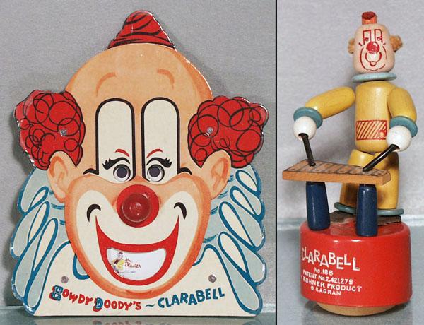 HOWDY DOODY CLARABELL CLOWN LOT: Music Box by FBA Industries, cardboard w/plastic back, plays Howdy Doody Time, 9" tall, Kohner Clarabell Push Up, plastic, 5 1/2" tall, C7-8.