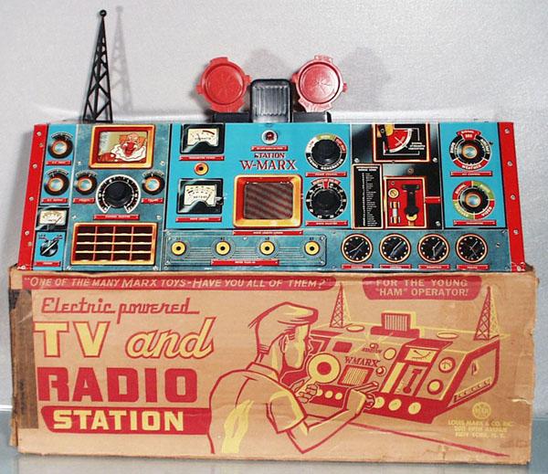 MARX TV & RADIO STATION: litho tin & plastic, 27" long, missing 1 plastic antenna mast, orig box worn, C8.