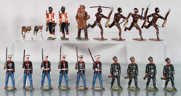 MISCELLANEOUS BRITAINS FIGURES: 2 #955 Wolves, 2 Ethiopian soldiers, 4 Zulus of Africa from set 147, 6 US Marines, 4 Gurkha Rifles from set 197, w/Johillco Hobo, C4-5.