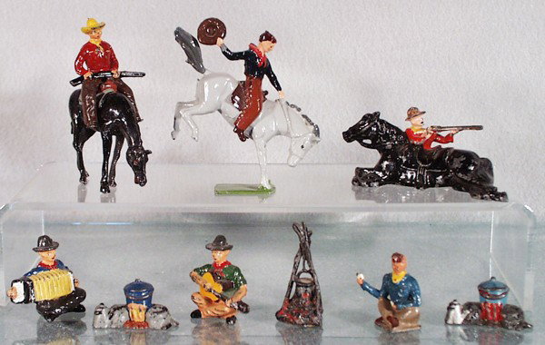 ENGLISH COWBOY FIGURES: 10 pieces, Britains 2043 Bucking Horse, w/Johillco, Timpo & Crescent pieces, C6-8.