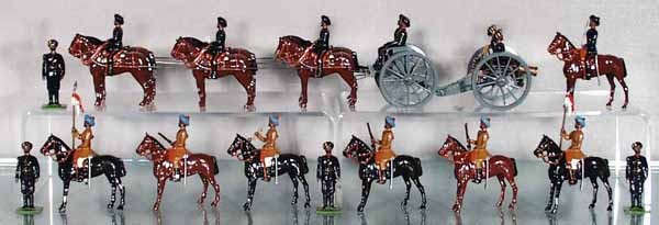 HOCKER INDIAN GUN TEAM: 6-horse cannon w/limber, 6 outriders, 4 attendants, some paint wear on horse legs, C7-8.